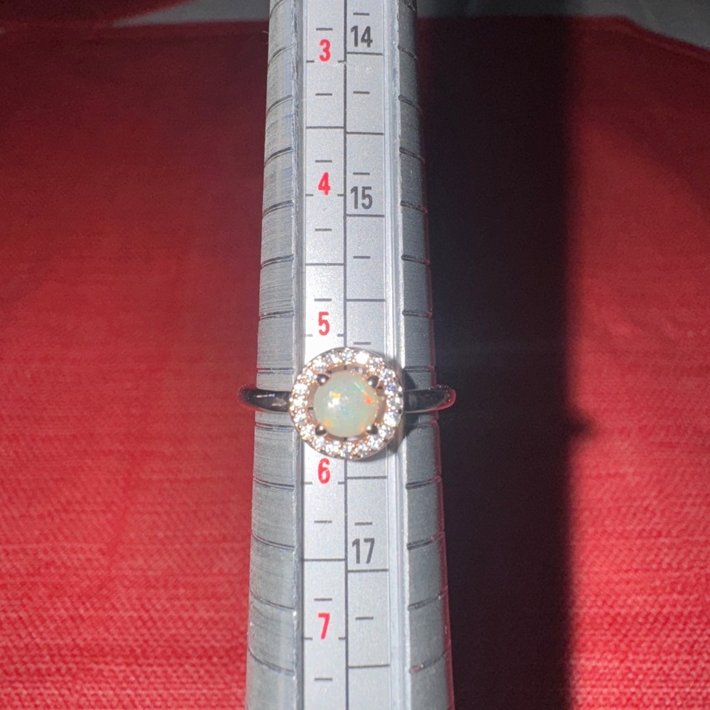 Delicate Rose Gold Filled Opal Halo Ring with Clear CZ Accents